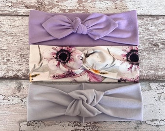 Bandeau nœud Baby Bow, bandeaux bébé violet lavande et gris