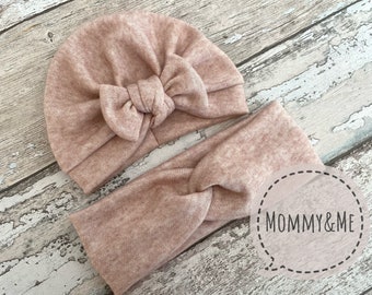 Pink WINTER Turban set Mommy and Me, Baby Girl Turban, Baby Mütze, Turban Bow Hat, Warm hat for kids