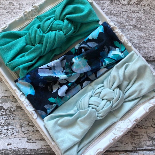 Blue Baby headband set, Sailors knot headband, twisted turban headband, Sea Green sailors knot headband, Set of 3