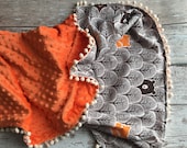 Minky Baby blanket, Orange Woodland blanket, pom pom blanket, Newborn Baby gift