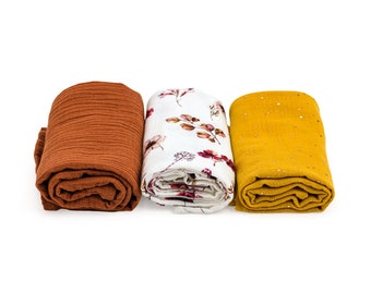 Brown and floral Muslin Cloth Set of 3, burp cloth set, muslin cloth 60x60cm, Mulltücher 3er Set