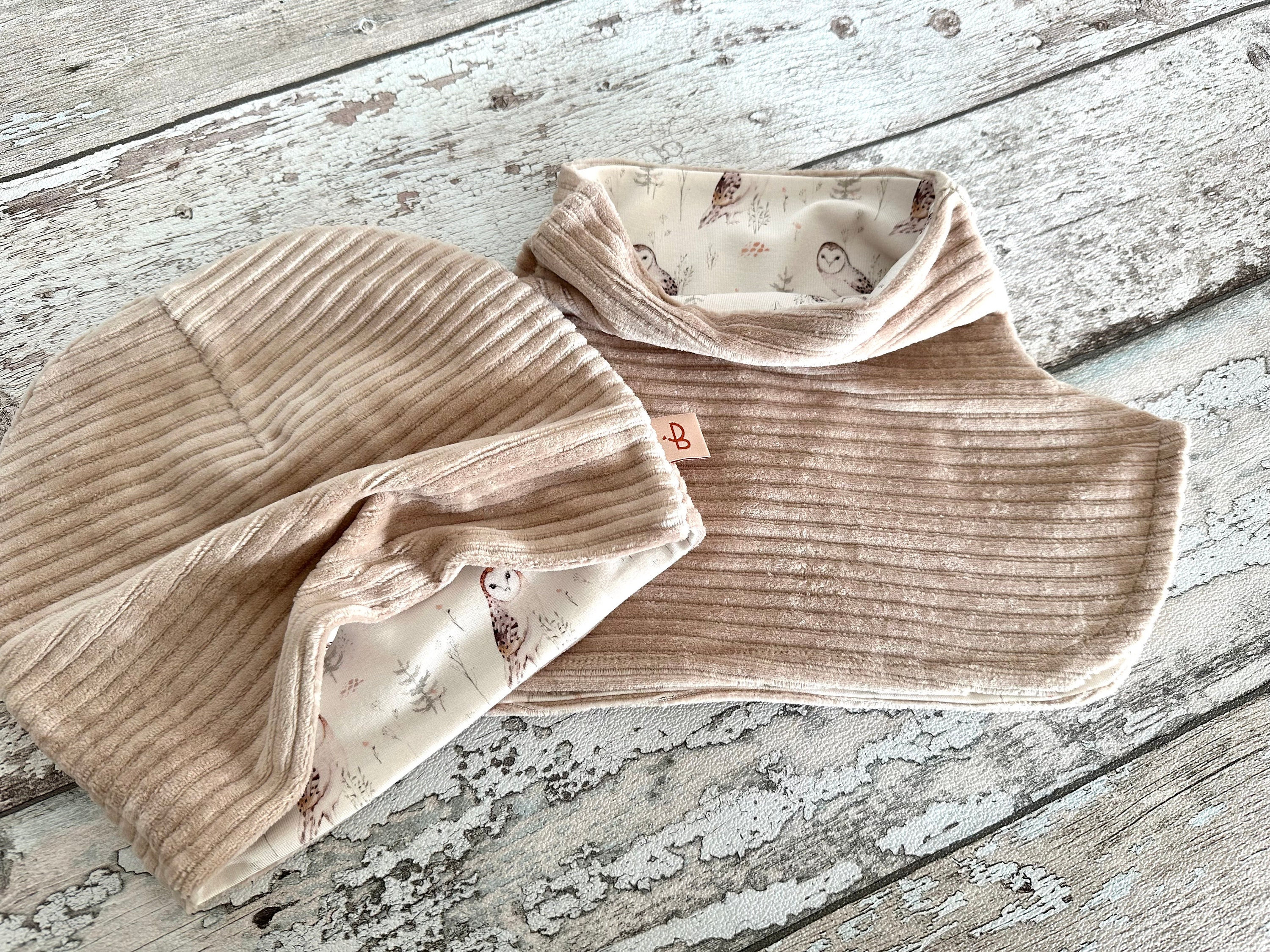Beige Beanie Hat and Loop Scarf for kids, Autumn hat with owls