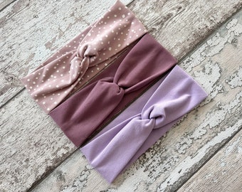 Bandeau violet pastel torsadé, bandeau bébé, bandeau pour filles, bandeau nouveau-né, lot de 3 bandeaux torsadés