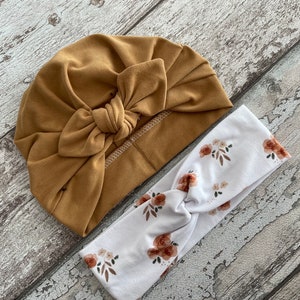 Ensemble chapeau turban marron caramel avec noeud, turban bébé, chapeau turban et bandeau torsadé
