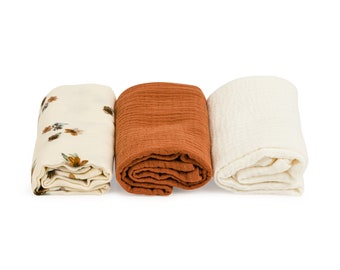 Floral Muslin Cloth Set of 3, burp cloth set, muslin cloth 60x60cm, Mulltücher 3er Set
