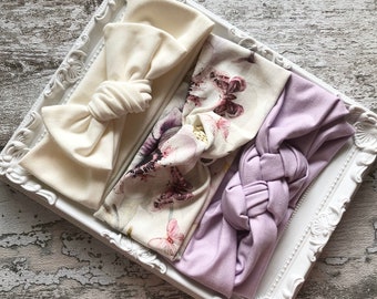 Ensemble bandeau bébé violet, bandeau torsadé floral, ensemble bandeau nouveau-né, bandeau turban bébé, ensemble bandeau noeud marin, lot de 3