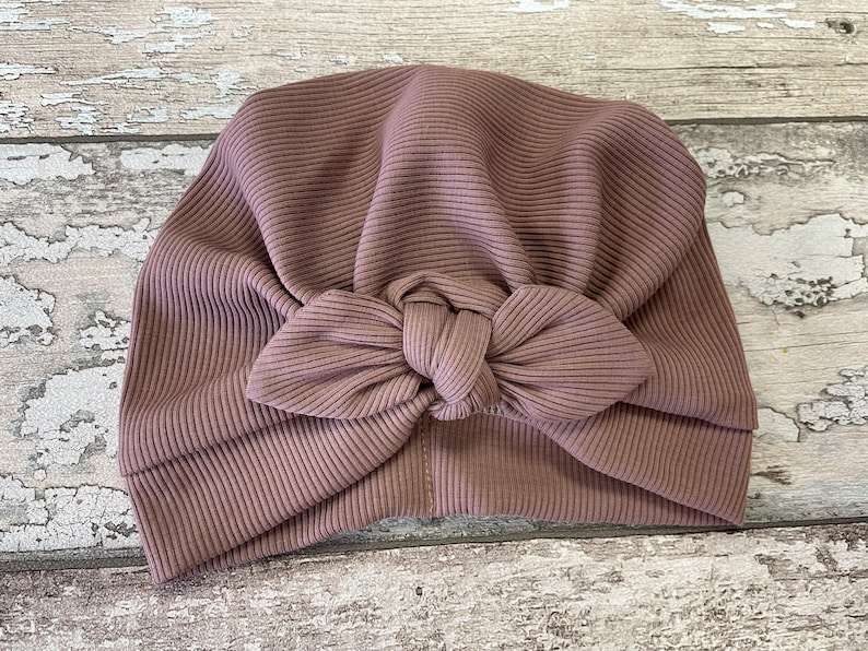 Mauve Turban Hat with bow, Newborn baby hat, Turban Hat and floral headband set Turban hat