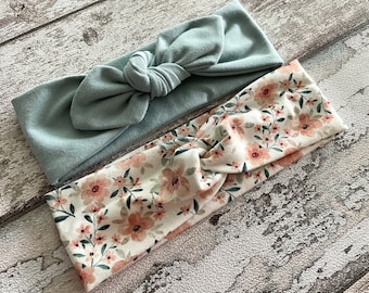twisted floral headband, Floral and sea green baby headband, headband with bow for girls