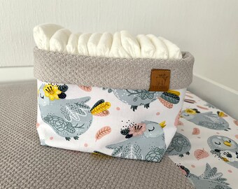 Utensilo Panier en tissu avec oiseaux , Ustensile gris, Panier de rangement de couches, Panier de rangement en tissu