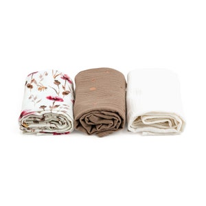 Floral Muslin Cloth Set of 3, burp cloth set, muslin cloth 60x60cm, Mulltücher 3er Set