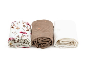 Florales Musselin Tuch 3er Set, Spucktuch Set, Musselin Tuch 60x60cm, Mulltücher 3er Set