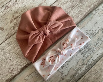 Mauve Turban Hat with bow, Newborn baby gift, Turban Hat and floral headband set