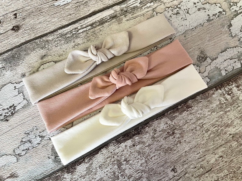 Set of 3 Baby Bow knot headbands, Pink top knot headband, Small headband for newborns, tiny headband set image 1