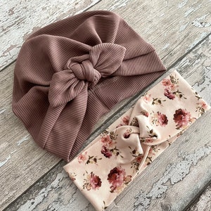 Mauve Turban Hat with bow, Newborn baby hat, Turban Hat and floral headband set Hat + Twisted floral