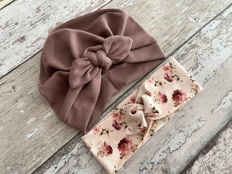 Mauve Turban Hat with bow, Newborn baby hat, Turban Hat and floral headband set Hat + Twisted floral