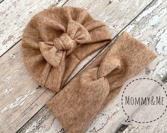 Camel brun HIVER Turban ensemble Maman et moi, Baby Girl Turban, Baby Mütze, Turban Bow Hat, Chapeau chaud pour enfants