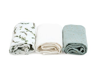 Eucalyptus Muslin Cloth Set of 3, burp cloth set, muslin cloth 60x60cm, Mulltücher 3er Set