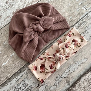 Mauve Turban Hat with bow, Newborn baby hat, Turban Hat and floral headband set Hat+ headb. with bow