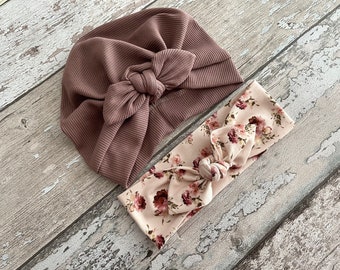 Mauve Turban Hat with bow, Newborn baby hat, Turban Hat and floral headband set