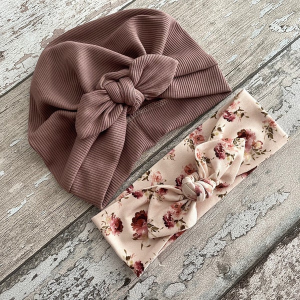 Mauve Turban Mütze mit Schleife, Newborn Baby Mütze, Turban Mütze und geblümtes Stirnband Set