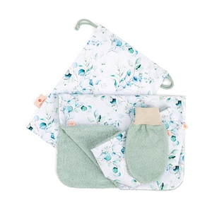 Baby care set Eucalyptus - water repellent changing pad,utensil basket and wash cloth, new baby gift set,gift for new parents