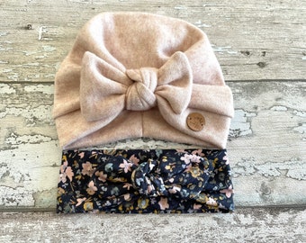 Turban d'HIVER rose poudré avec noeud, turban bébé fille, bébé mütze, bonnet turban noeud, chapeau chaud pour enfants