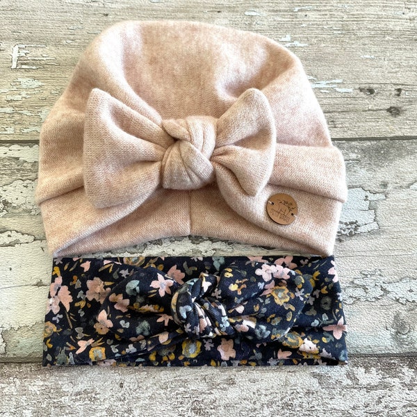 Turban d'HIVER rose poudré avec noeud, turban bébé fille, bébé mütze, bonnet turban noeud, chapeau chaud pour enfants