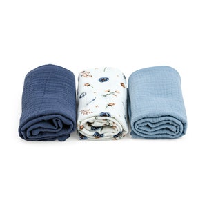 Blue Muslin Cloth Set of 3, burp cloth set, muslin cloth 60x60cm, Mulltücher 3er Set