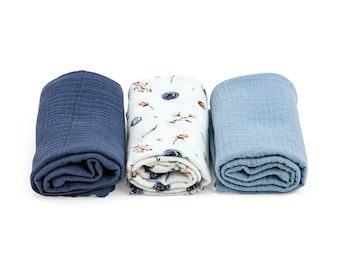 Blue Muslin Cloth Set of 3, burp cloth set, muslin cloth 60x60cm, Mulltücher 3er Set