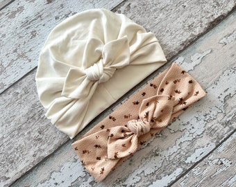 Chapeau turban crème avec noeud, chapeau turban bébé pour le printemps, chapeau enfant en bas âge avec grand noeud, ensemble chapeau et bandeau