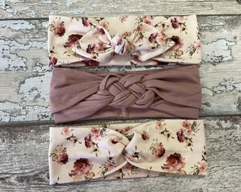 Mauve and floral Baby headbands, Floral twisted and mauve sailors knot headband, toddler headband, newborn girl gift