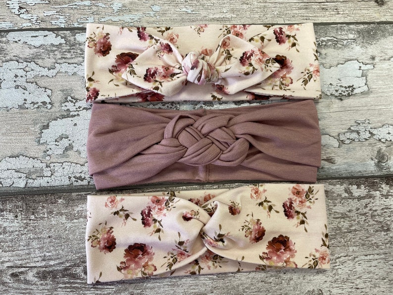 Mauve and floral Baby headbands, Floral twisted and mauve sailors knot headband, toddler headband, newborn girl gift Set of 3