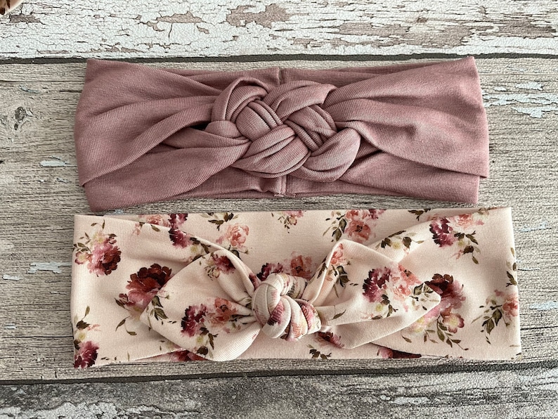 Mauve und blumige Baby-Stirnbänder, Blumen gedrehtes und malvenfarbenes Seemannsknoten-Stirnband, Kleinkind-Stirnband, Neugeborenen-Mädchen Geschenk Bow +sailor knot