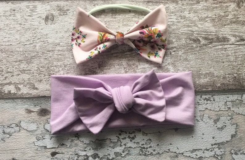 Set of 2 Baby turban headband Purple Baby Bow knot headband Set Flat bow Nylon headband for girls newborn headband