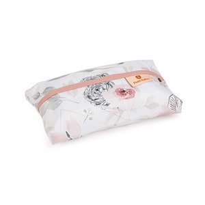May include: A white and pink floral print zippered pouch with a pink ribbon and a brown label that says "Petit Lulu".
