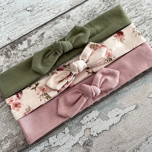 Set med 3 blommiga babyhaarband med rosett, Grönt toppknut-haarband, Litet hårband för nyfödda