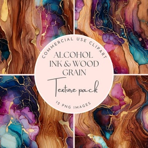 Alcoholinkt en houtnerftextuurpakket, roze blauw en paars, metallic goud, 12 x 12 inch, commercieel gebruik, houtmarmer, aards, elegant