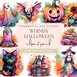 気まぐれなハロウィーンの明るい水彩画のクリップアート、不気味なデジタルダウンロード、魔法、秋、ハロウィーンパーティー、透明なPNG、商用利用