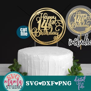 14e anniversaire svg, svg de gâteau, joyeux 14e anniversaire svg, fichier dxf, fichier png, joyeux 14e svg