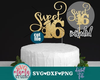 Sweet 16 svg - Cake topper svg cut file -  16th Birthday svg, Sixteen svg, dxf, png, instant download,birthday svg for cricut and silhouette
