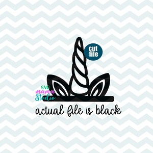 May include: Black and white silhouette of a unicorn head with a curled horn, ears, and a line underneath. The text "cut file" is in a circle above the unicorn head. The text "SVG mama Studio" is in the lower left corner. The text "actual file is black" is below the unicorn head.