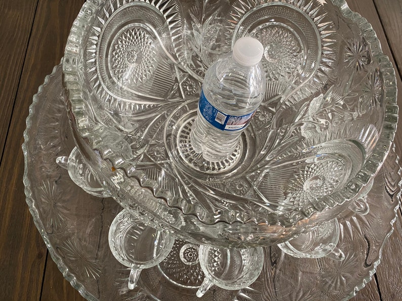 Vintage LE Smith Cut Glass Punch Bowl 12 Cup and Underplate & Glass
