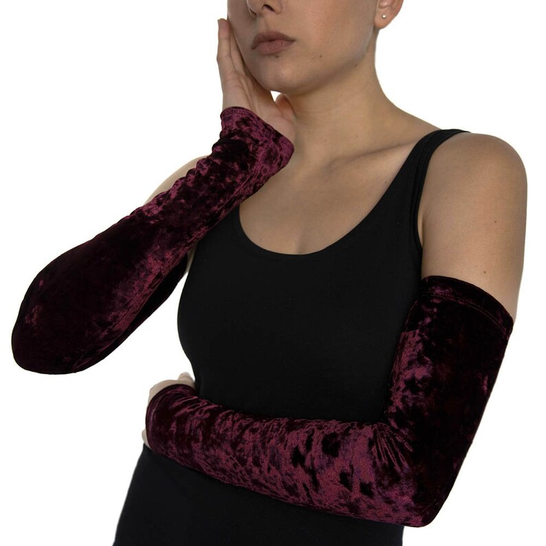 Women's Burgundy Crushed Velvet Long Fingerless Gloves Etsy