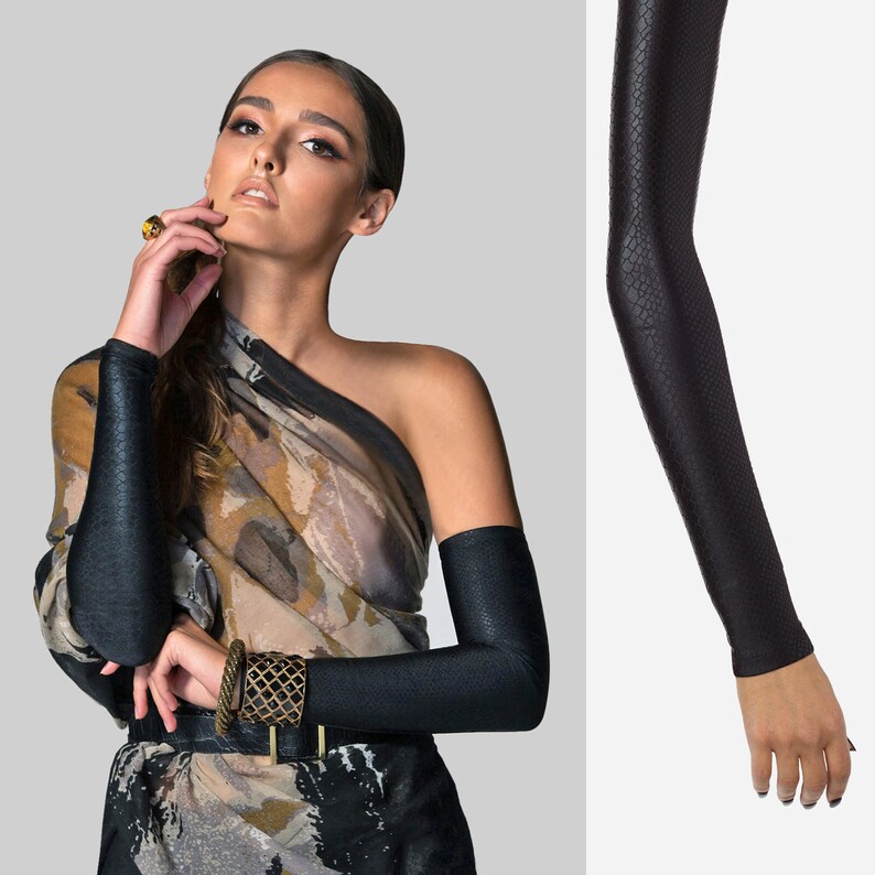 Women's Faux Black Leather Anaconda Long Fingerless Etsy