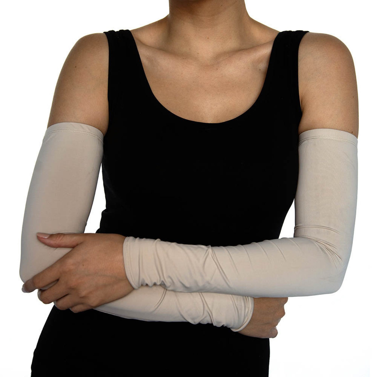 Women's Beige Jersey Arm Sleeves Long Fingerless Gloves Etsy