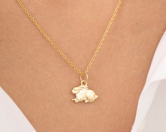 Collar de encanto de conejo, collar colgante de conejito de oro macizo de 14 k, joyería conmemorativa de mascotas, regalos para amantes de los conejos, collar de capas
