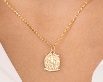 Owl necklace, 14k Solid Gold Owl pendant Necklace, Dainty Animal Charm, Owl Lover Gifts, Layering Necklaces, Gift For Child