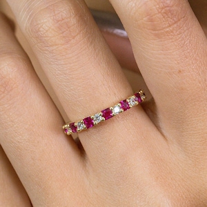 Ruby Wedding Band, 14K Solid Gold Ruby Engagement Ring, Full Eternity Diamond Wedding Band, Anniversary Ring, Valentinus&#39;s Day Gift