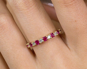 Ruby Wedding Band, 14K Solid Gold Ruby Engagement Ring, Full Eternity Diamond Wedding Band, Anniversary Ring