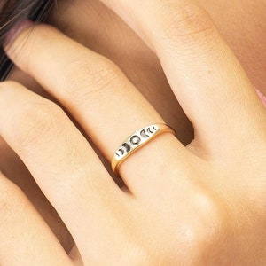 14K Solid Gold Moon Phase Ring: Celestial Stacking Jewelry